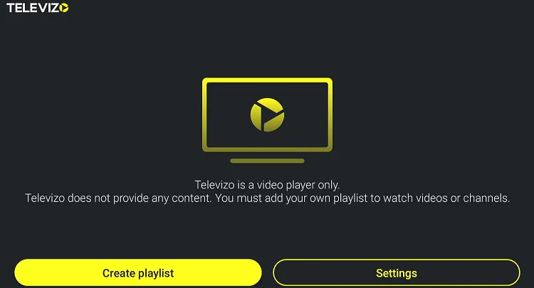 Televizo main screen showing Create playlist option