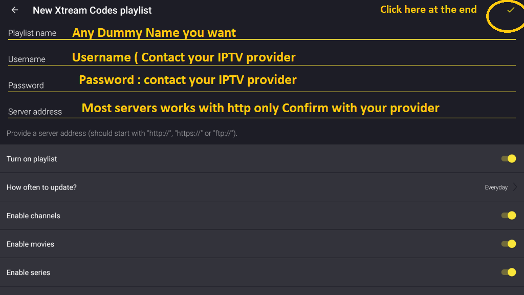 Televizo Xtream Codes login fields filled with server URL, username and password