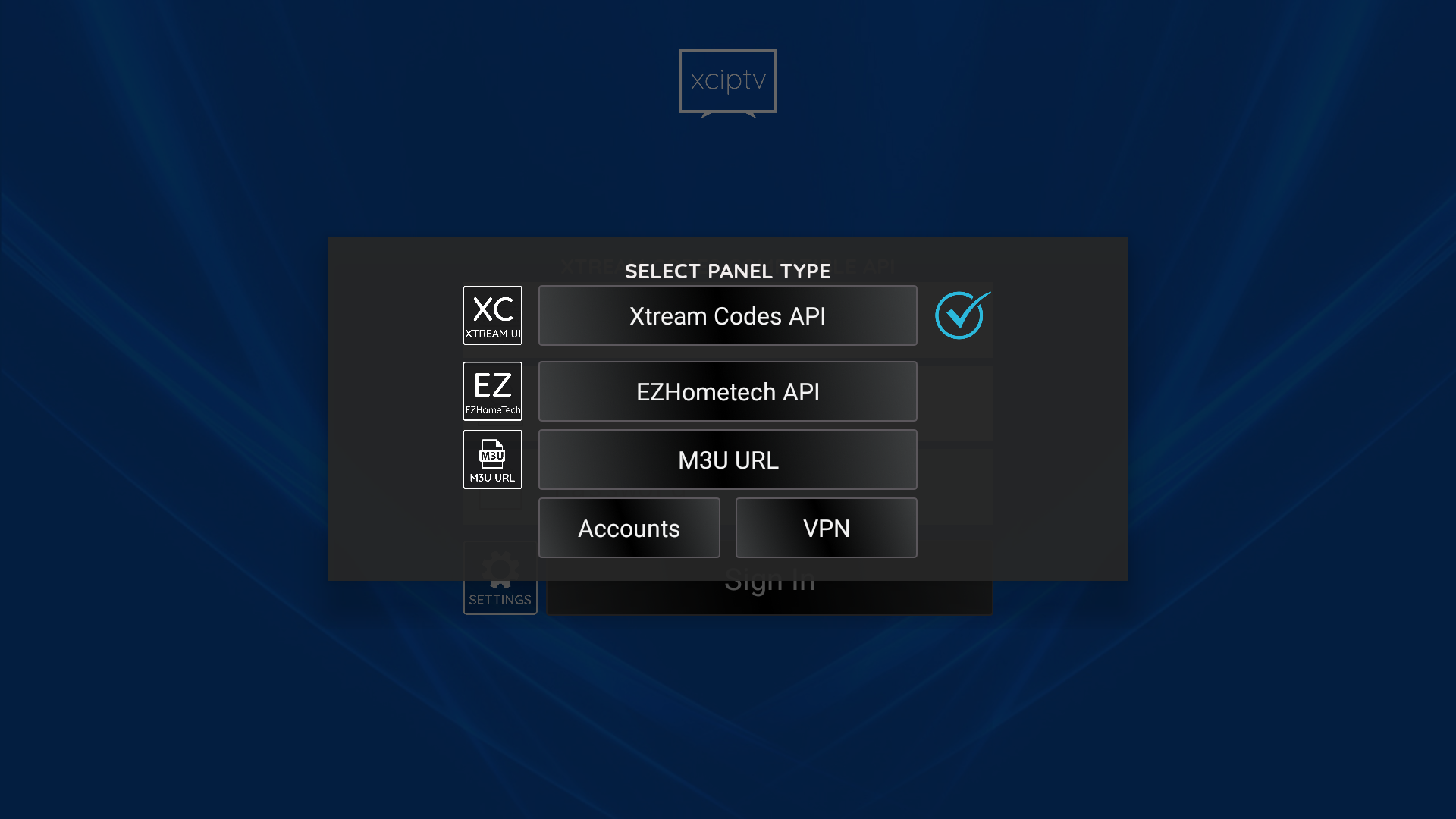XCIPTV Player home screen showing Add Playlist option