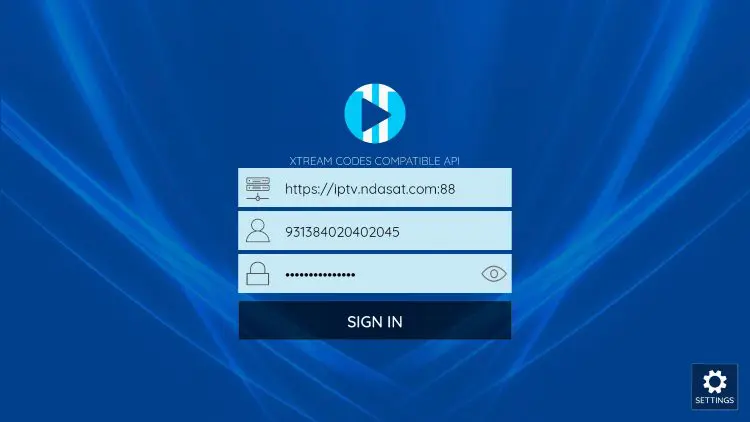 XCIPTV Xtream Codes login screen with Server URL, username and password fields