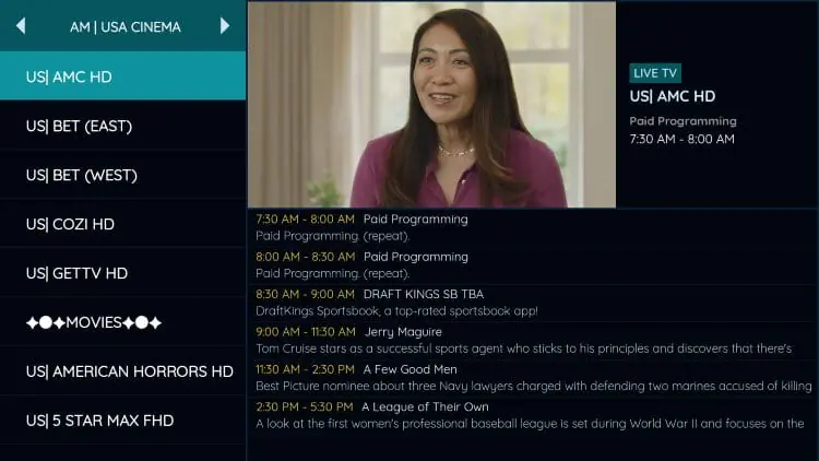XCIPTV EPG program guide showing current and upcoming shows