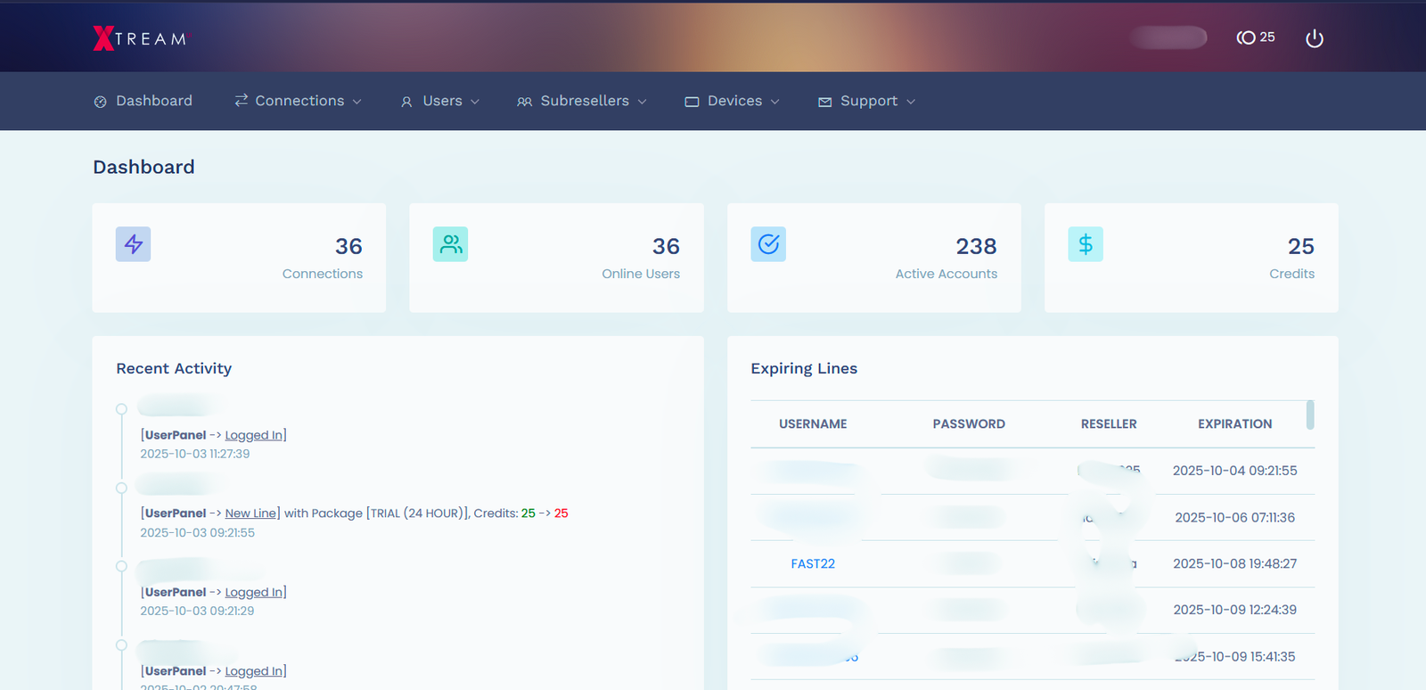 Starshare IPTV reseller dashboard panel screenshot